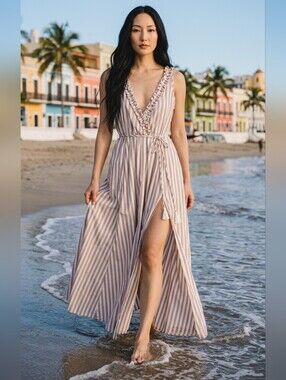 Aakaa Tan/White Resortwear Nwot Stripe Sleeveless Ruffle V Front Slit Maxidress